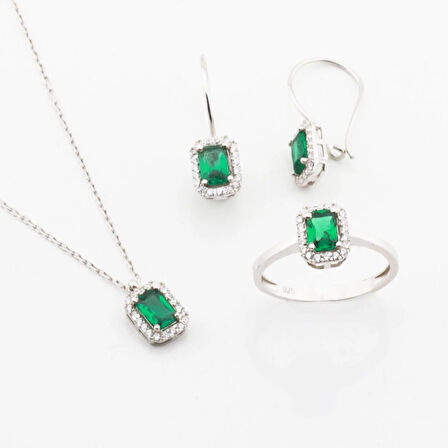 Kök Zümrüt Taşlı Baget Gümüş Takım