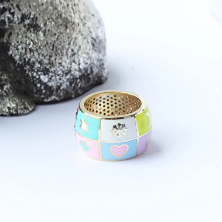 Wonderland Map Çift Taraflı Renkli Mine İşli Gümüş Yüzük