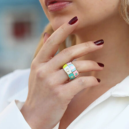 Wonderland Map Çift Taraflı Renkli Mine İşli Gümüş Yüzük