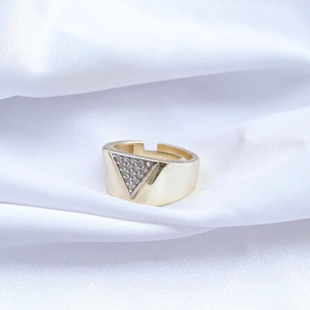 Üçgen Taşlı Gold Ayarlanabilir Gümüş Yüzük