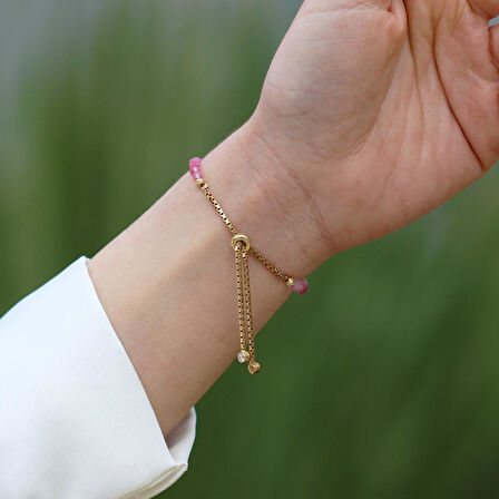 Pembe Kuvars Taşlı Asansörlü Gümüş Bileklik