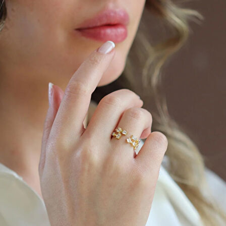 Taşlı Trend Ayarlanabilir Gold Gümüş Yüzük