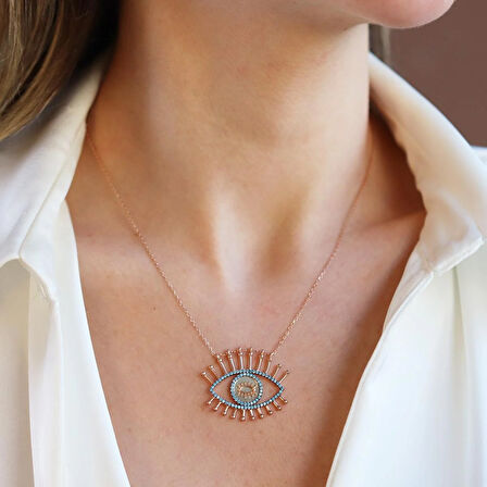 Göz Turkuaz Taşlı Rose Gold Gümüş Kolye