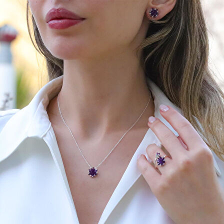 Ametist Taşlı Lotus Çiçekli Gümüş Set