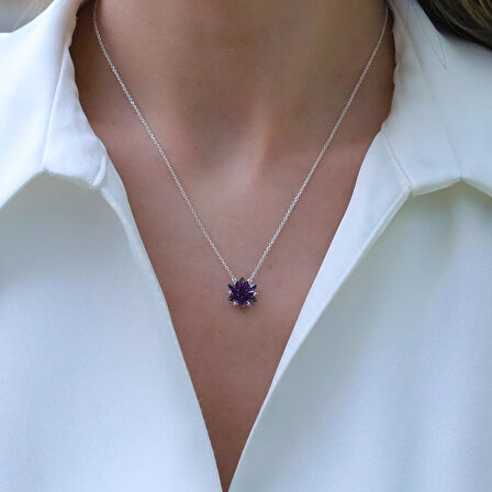 Ametist Taşlı Lotus Çiçekli Gümüş Set