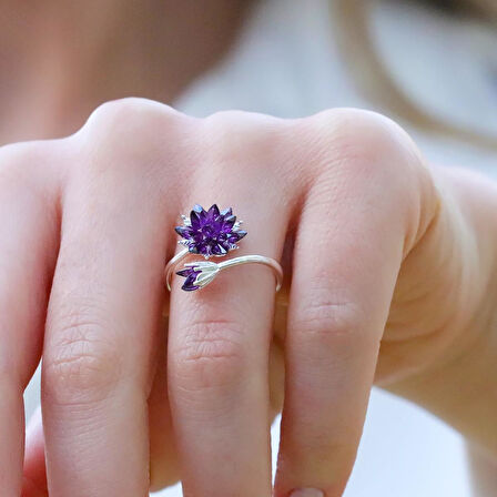 Ametist Taşlı Lotus Çiçekli Gümüş Set