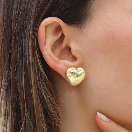 Kalp Bombeli Gold Kaplama Gümüş Küpe