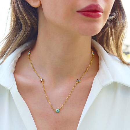 Renkli Nazar Boncuklu Gold Gümüş Kolye