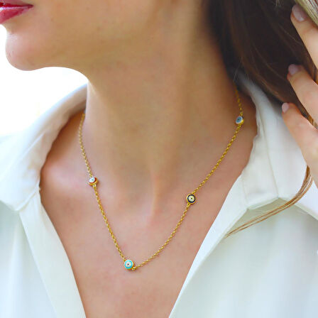 Renkli Nazar Boncuklu Gold Gümüş Kolye