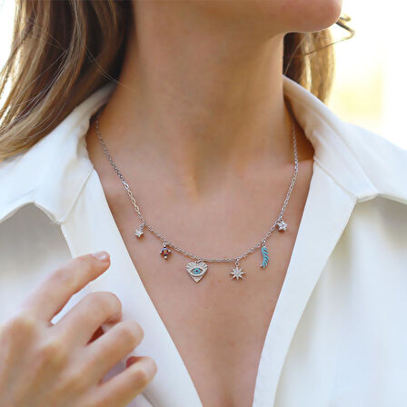 Apm Renkli Taşlı Gümüş Şans Kolyesi