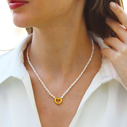 Kalp Gold Kaplama Gümüş İnci Kolye