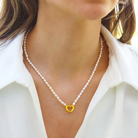 Kalp Gold Kaplama Gümüş İnci Kolye