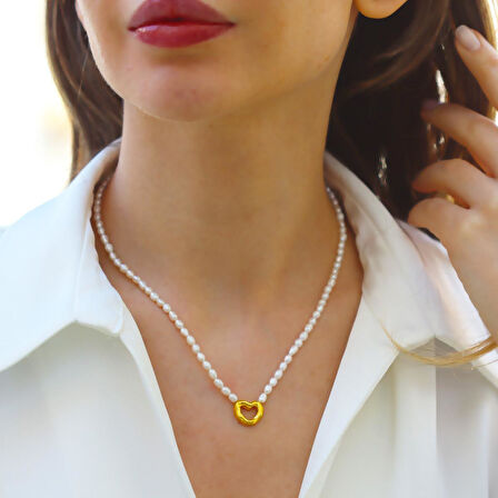 Kalp Gold Kaplama Gümüş İnci Kolye