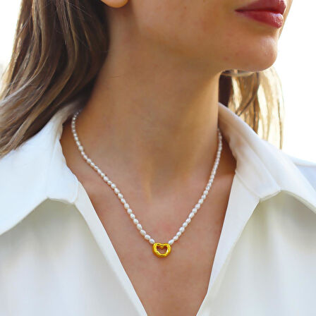 Kalp Gold Kaplama Gümüş İnci Kolye