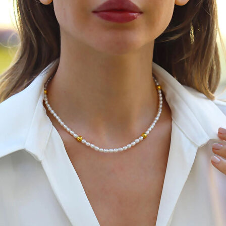 Yuvarlak Gold Kaplama Gümüş İnci Kolye