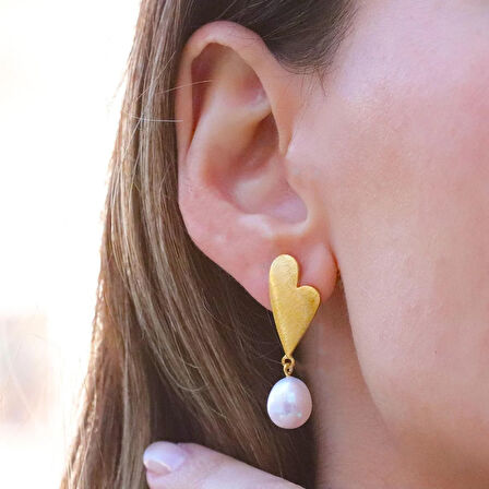 Kalp İncili Gold Gümüş Küpe