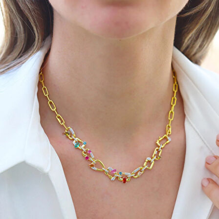 Renkli Taşlı Trend Zincir Gold Gümüş Kolye