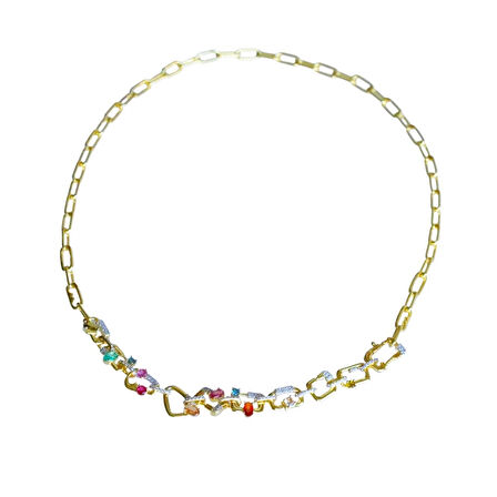 Renkli Taşlı Trend Zincir Gold Gümüş Kolye