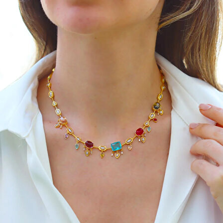 Doğaltaşlı Renkli Trend Gold Gümüş Kolye