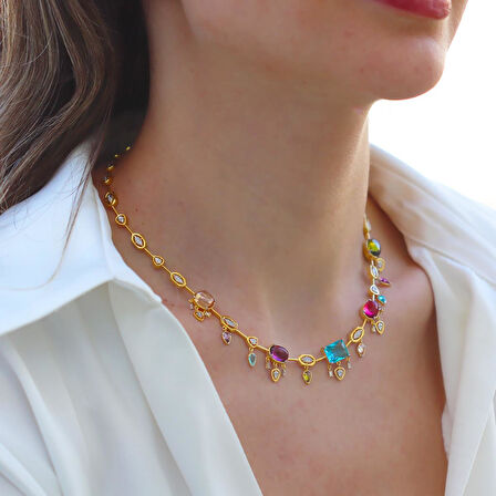 Doğaltaşlı Renkli Trend Gold Gümüş Kolye