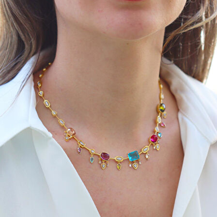 Doğaltaşlı Renkli Trend Gold Gümüş Kolye