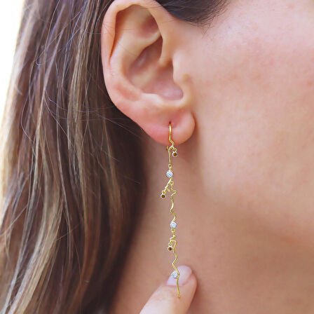 Renkli Taşlı Trend Gold Gümüş Küpe