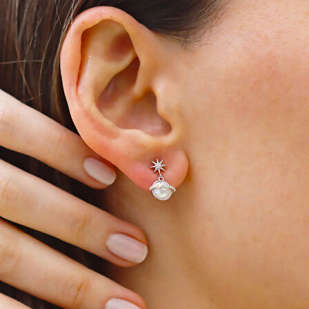 Mini İncili Kutup Yıldızı Gümüş Küpe