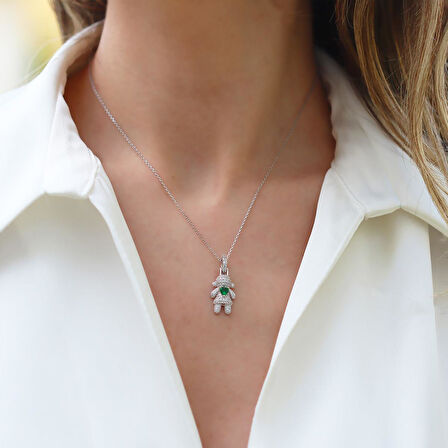 Kalpli Yeşil Zirkon Taşlı Silüet Gümüş Kolye