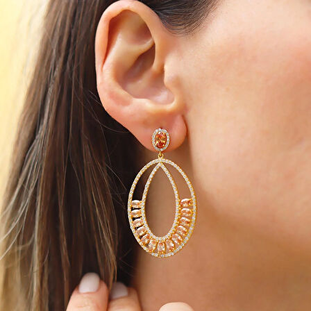 Sitrin Taşlı Glamore Gold Gümüş Küpe