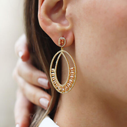 Sitrin Taşlı Glamore Gold Gümüş Küpe