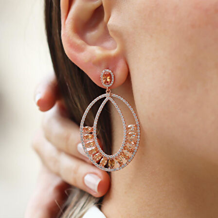 Sitrin Taşlı Glamore Rose Gold Gümüş Küpe