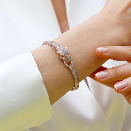 Kaplan Başlı Zirkon Taşlı Rose Gold Gümüş Set