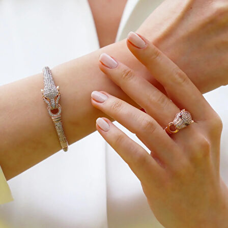 Kaplan Başlı Zirkon Taşlı Rose Gold Gümüş Set