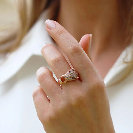 Kaplan Başlı Rose Gold Gümüş Yüzük