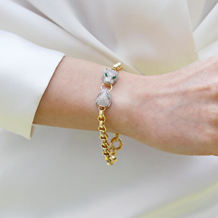 Kaplan Başlı Hallow Gold Gümüş Bileklik