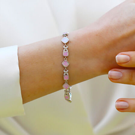 Pembe Opal Taşlı Çiçek Gümüş Bileklik