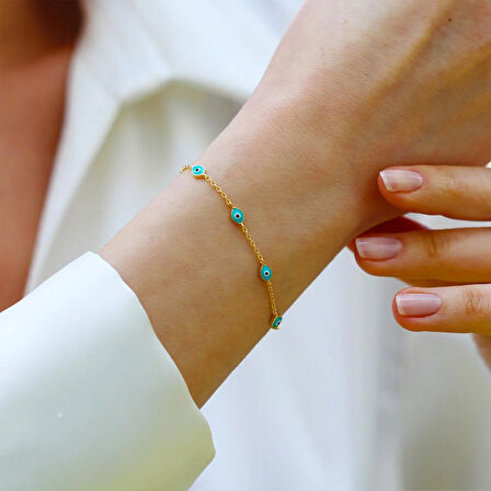 Mavi Mineli Göz Modeli Gold Gümüş Bileklik