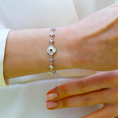 Sedefli Yonca Çiçek Gümüş Bileklik