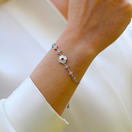 Sedefli Yonca Çiçek Gümüş Bileklik