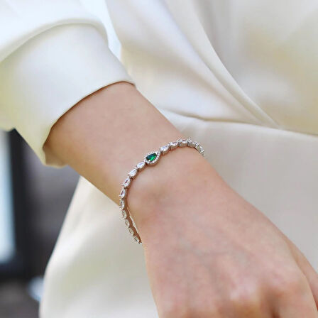 Damla Yeşil Zirkon Taşlı Gümüş Bileklik