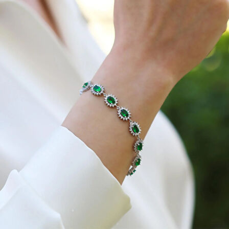 Yeşil Zirkon Taşlı Elips Çiçek Gümüş Bileklik