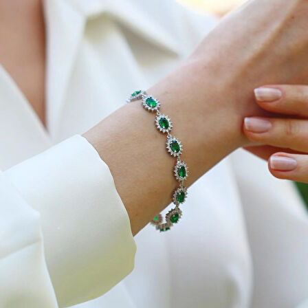 Yeşil Zirkon Taşlı Elips Çiçek Gümüş Bileklik