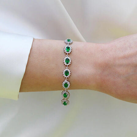 Yeşil Zirkon Taşlı Elips Çiçek Gümüş Bileklik