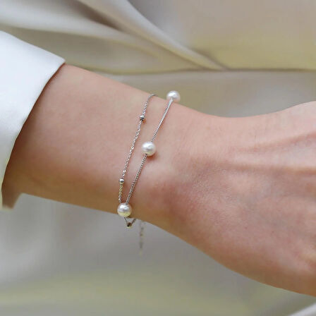 Çift Zincirli İncili Gümüş Bileklik