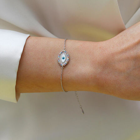 Renkli Taşlı Göz Modeli Gümüş Bileklik