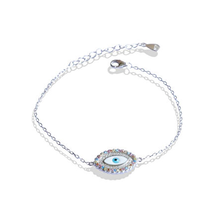 Renkli Taşlı Göz Modeli Gümüş Bileklik