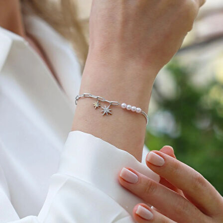 İncili Kutup Yıldızı Gümüş Trend Bileklik