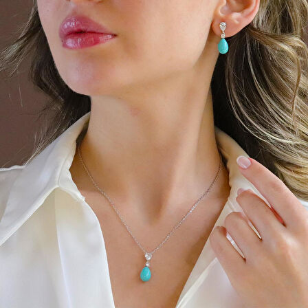 Turkuaz Taşlı Damla Gümüş Set