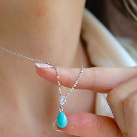 Turkuaz Taşlı Damla Gümüş Set