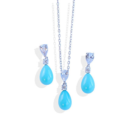 Turkuaz Taşlı Damla Gümüş Set